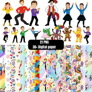 Wiggles digitalt papper och clipartpaket | 12x12 JPG-bakgrunder + PNG-grafik | Färgglatt barnpysselpaket | Direktnedladdning