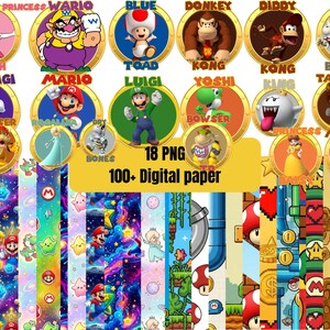 May include: A digital collection featuring 18 circular character icons including Peach, Wario, Toad, Donkey Kong, Diddy Kong, Dry Bowser, Waluigi, Mario, Luigi, Yoshi, King Boo, Tanooki Mario, Bowser, Rosalina, Dry Bones, Bowser Jr, Daisy, and Toadette.