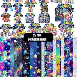 May include: A collection of digital art assets featuring characters and themes from the Super Mario Galaxy video game. The image includes various PNG graphics and digital paper designs with space and galaxy backgrounds. Text on the image reads "25 PNG, 24 Digital paper."