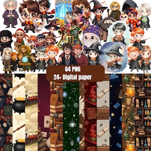 May include: A digital collection featuring 64 PNG character illustrations and 24 digital paper patterns. The images depict various cartoon wizards, students, and magical creatures, alongside patterns of books, trains, cauldrons, and scrolls.