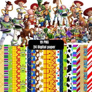 May include: A digital collection featuring 19 PNG character images from Toy Story and 24 digital papers with various patterns including cow print, stars, stripes, polka dots, and the Toy Story logo, all displayed in a vertical grid layout.