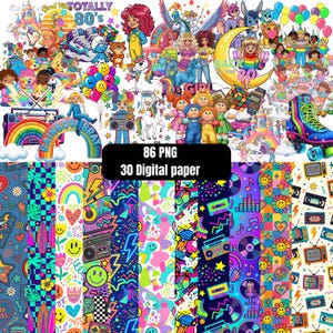 May include: A digital collection of 86 PNG images and 30 digital papers featuring 1980s-themed graphics including rainbows, unicorns, boomboxes, roller skates, smiley faces, cassette tapes, televisions, and cartoon characters with vibrant colors.