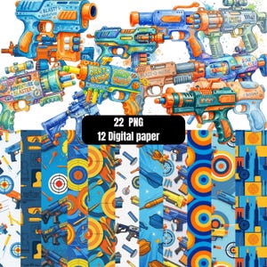 Nerf Gun Clipart & Digital Paper Bundle | PNG Transparent Graphics 12x12 JPG Backgrounds | Kids Party, DIY Crafts, Scrapbooking Sublimation