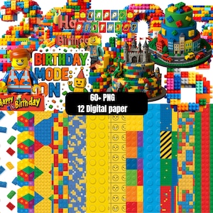 Pode incluir: Uma coleção digital de 60 arquivos PNG e 12 papéis digitais com padrões de blocos de montar coloridos, gráficos de aniversário, um bolo de vários andares, um castelo e uma minifigura com o texto Birthday Mode On.