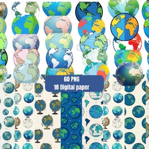 May include: A collection of 60 globe illustrations and 18 digital paper patterns featuring various artistic renderings of the Earth, including colourful maps, stylised continents, and spherical designs with the text 60 PNG 18 Digital paper.