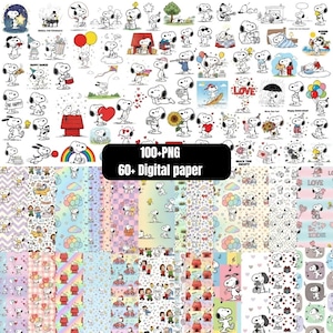Op de afbeelding: Een digitale collectie met meer dan 100 PNG-afbeeldingen en 60 digitale papieren van het personage Snoopy in diverse activiteiten, zoals dansen, ballonnen vasthouden en op een hondenhok zitten, met de tekst 100+PNG 60+ Digital paper.