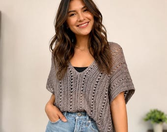 Gehäkelte Poncho-Muster, Sommer-Mesh-Spitzenoberteil, Boho-Weste mit V-Ausschnitt, übergroße Strand-Vertuschung, Boho-Spitzenbluse Digitales PDF