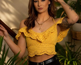 Crop Top Häkelmuster PDF | Boho Schulterfrei Top Tutorial | Sommer Rüschen Spitze Bralette | Festival Top Muster | Englisch DIY Häkeln