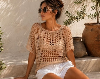 Gehäkeltes Mesh-Top-Muster, Boho-Sommer-Shirt PDF, Filet häkeln Strand Cover Up, übergroßes Festival-T-Shirt, digitaler Download
