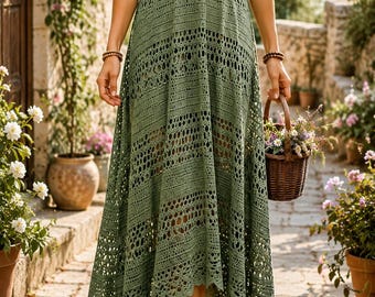 Crochet Lace Maxi Dress Pattern PDF | Boho Wedding Dress Crochet Pattern | Summer Beach Cover Up | Floral Lace Maxi Dress | Open Back