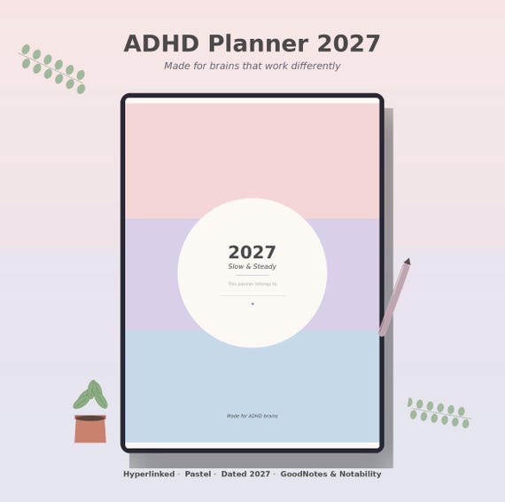 ADHD Planner 2027 | Pastel Hyperlinked Digital GoodNotes Notability (Sunday Start)