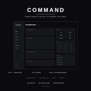 May include: A dark mode digital planner interface titled COMMAND, featuring a dashboard layout with sections for focus, priorities, and daily tasks. The planner includes 878 pages, is fully hyperlinked, and is compatible with Goodnotes, Notability, iPad, and tablet devices, with 2027 and undated options.