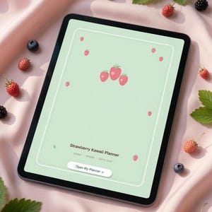 May include: A tablet displaying a digital planner with a light green background, decorated with small pink strawberry illustrations. The screen shows the text Strawberry Kawaii Planner, sweet - simple - berry cute, and a button labelled Open My Planner >.