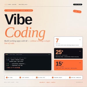 Puede incluir: Gráfico promocional para una masterclass "Vibe Coding". El diseño presenta el título en letras grandes de color naranja y negro, con texto de apoyo que describe el enfoque del curso en la creación de aplicaciones con IA. Detalles de módulos, ejercicios y herramientas cubiertas.