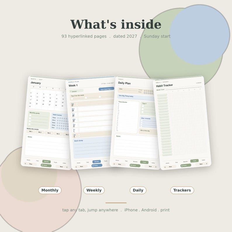 May include: A digital planner interface featuring four distinct page layouts: January monthly calendar, weekly plan, daily plan, and habit tracker. The text reads What's inside, 93 hyperlinked pages, dated 2027, Sunday start, Monthly, Weekly, Daily, Trackers, tap any tab, jump anywhere, iPhone, Android, print.