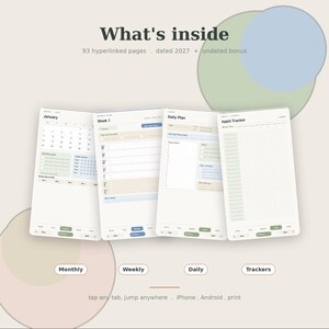 May include: A digital planner interface featuring four vertical pages labeled What's inside, 93 hyperlinked pages, dated 2027 + undated bonus. The pages display monthly, weekly, daily, and habit tracker layouts with navigation tabs at the bottom.