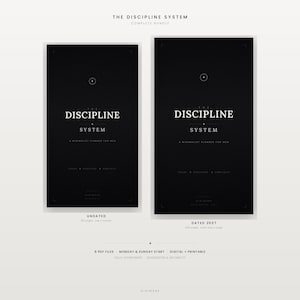 May include: Two black digital planners titled The Discipline System. The left cover reads Undated, 80 pages. The right cover reads Dated 2027, 528 pages. Text below includes 6 PDF files, Monday & Sunday start, digital and printable, fully hyperlinked.