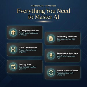 May include: A dark blue graphic with gold text that reads "Everything You Need to Master AI." The image highlights key features, including 5 complete modules, 50+ ready examples, a CRAFT framework, a brand voice template, a 30-day plan, and the ability to save 10+ hours per week.