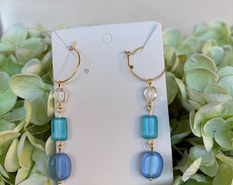 Handmade Blue Glass Bead Hoop Earrings, Gold Accents, Lightweight Everyday Jewelry