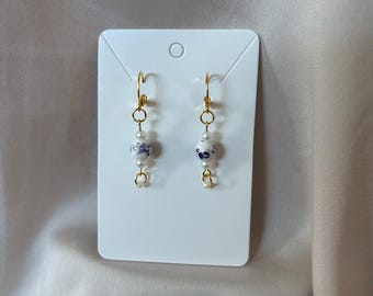 Handmade Purple Flower Bead Earrings, Gold Pearl Accents