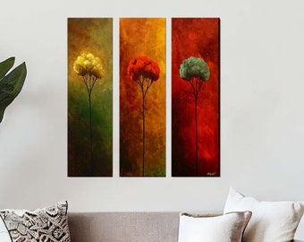 warm colors original modern tree paintings on canvas, modern vertical abstract paintings living room wall art home decor CUSTOM ART