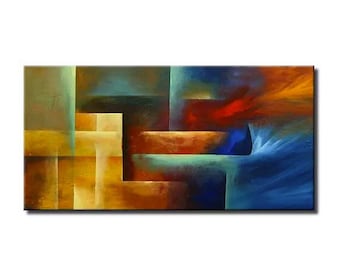 May include: Abstract painting with geometric shapes in shades of blue, green, yellow, orange, and red.