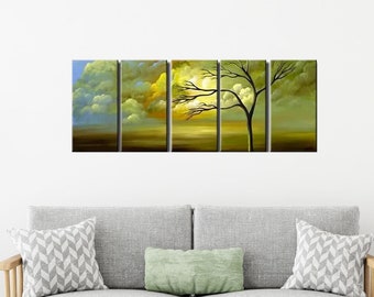 big modern landscape tree painting on canvas, original contemporary green yellow art decor for living room CUSTOM ART