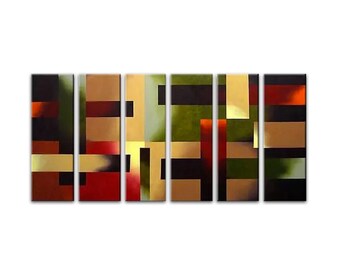 Geometric Abstract Canvas Art: Green, Red, Gold, Original Wall Decor (60x36)