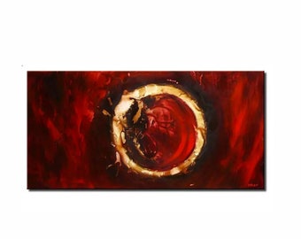 May include: Abstract painting with a large, circular, gold ring on a red background.