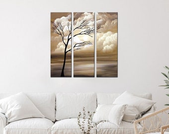 modern natural landscape tree painting on canvas, original beige brown art decor for living room CUSTOM ART