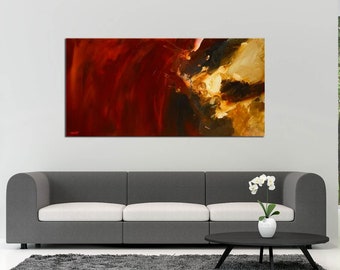 May include: Abstract painting with red, orange, yellow, and black colors. The painting is hanging on a white wall in a modern living room with a gray sofa and a coffee table.