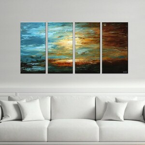 May include: Abstract art painting in four panels, featuring a blue, green, and brown color scheme. The painting depicts a sunset over a body of water.