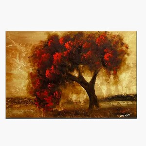 May include: Abstract painting of a red tree with a dark brown trunk against a gold background.