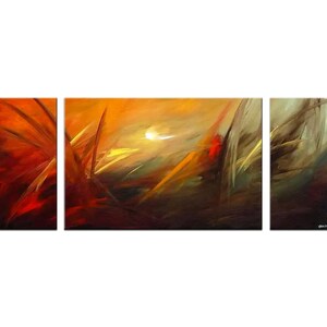 May include: Abstract triptych painting with a warm color palette. The central panel features a bright yellow sun with orange and red hues in the background. The side panels feature a darker, more muted color scheme with brown and black tones.