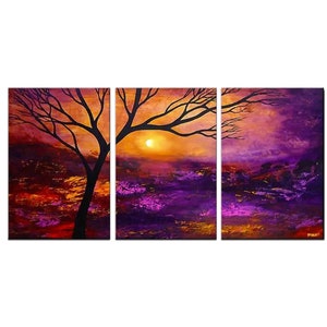 May include: A three-panel abstract painting depicting a silhouette of a tree against a sunset backdrop. The sky is a vibrant mix of purple, orange, and yellow hues, with hints of pink and red. The tree is centered in the middle panel, with its branches extending into the other two panels.