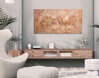 Textured Copper Leaf Wall Art: Minimalist Abstract Painting on Canvas