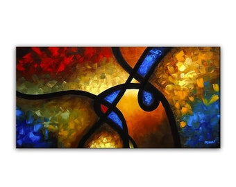 May include: Abstract painting with bold, colorful shapes and lines. The painting features a mix of red, orange, yellow, blue, and black. The shapes are organic and flowing, creating a sense of movement and energy.