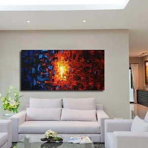 Blue Red Textured Abstract Painting: Modern Acrylic Canvas Art