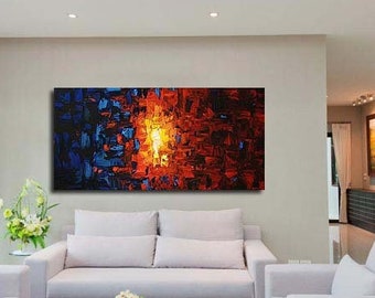 Blue Red Textured Abstract Painting: Modern Acrylic Canvas Art