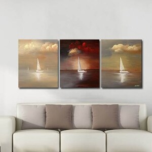 May include: A three-piece abstract painting set featuring a sailboat on a body of water with a cloudy sky. The middle panel features a red sunset sky, while the left and right panels feature a more muted sky.