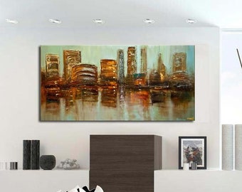Textured City Painting on Canvas: 3D Abstract Wall Art