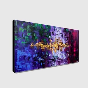 May include: Abstract painting with a purple, green, and gold color scheme. The painting features a textured, layered style with a central band of gold.