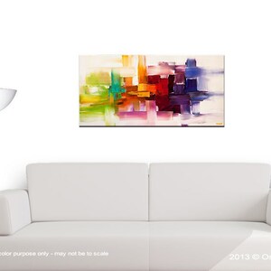 May include: Abstract painting with colorful geometric shapes in shades of yellow, orange, red, purple, blue, and green. The painting has a white background and is framed.