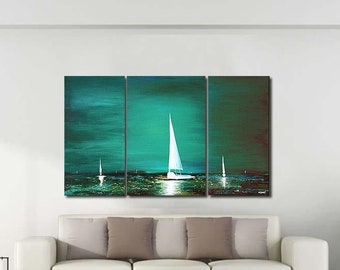 Teal Sailboats Painting: Modern Abstract Seascape, Custom Art