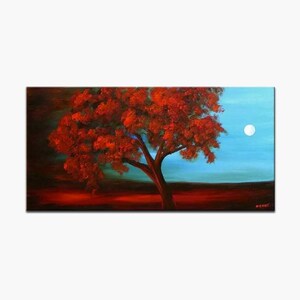 May include: A painting of a red tree with a full canopy against a blue sky with a white moon. The tree is in the foreground and the moon is in the upper right corner of the painting.