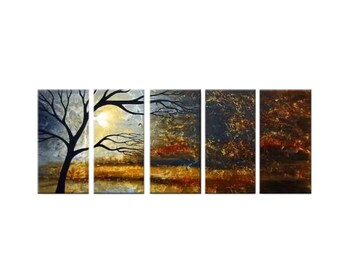 big blue brown modern abstract landscape tree painting on large canvas original decorative art CUSTOM ART