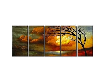 modern abstract landscape tree art on canvas, large green orange red wall art painting for home décor  CUSTOM ART 60"