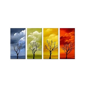 May include: Four abstract paintings depicting a bare tree with a cloudy sky in the background. The paintings are in shades of blue, green, yellow, and orange.