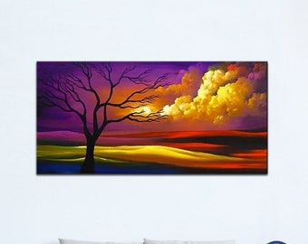 Modern Colorful Abstract Landscape Tree Painting, purple Original Large Canvas For Your Home Decor