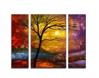 big colorful modern abstract landscape tree painting on canvas, original decorative sunrise art CUSTOM ART